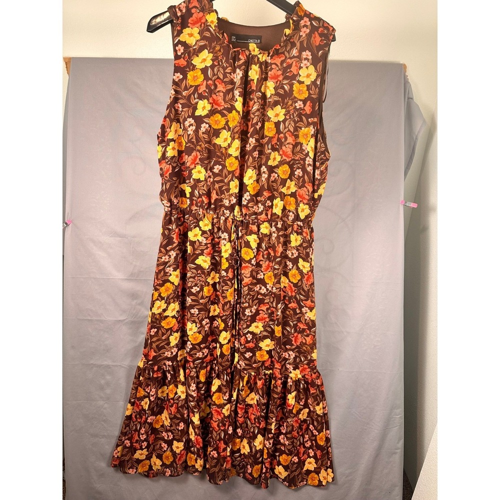 Chetta B Womens Plus 20W Brown Floral Tiered Ruffle Sleeveless Midi Dress Boho